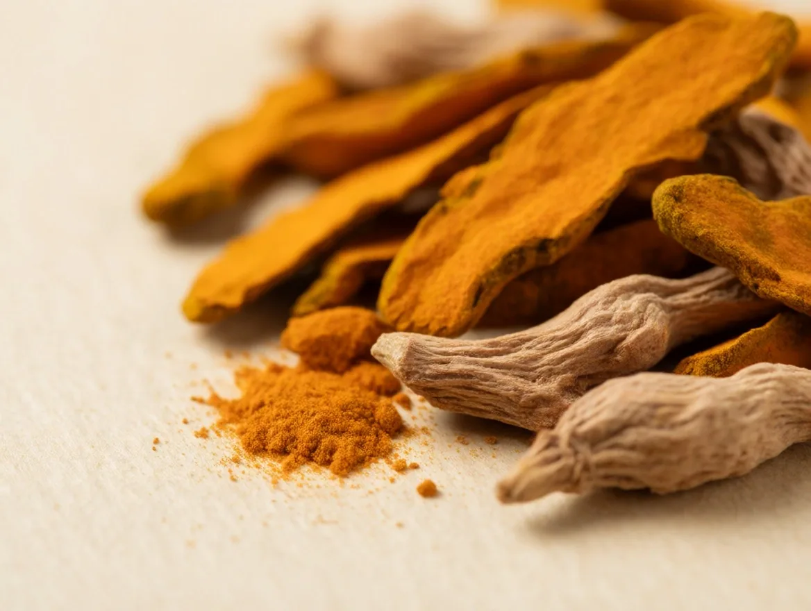 Dried turmeric and ashwagandha roots on paper