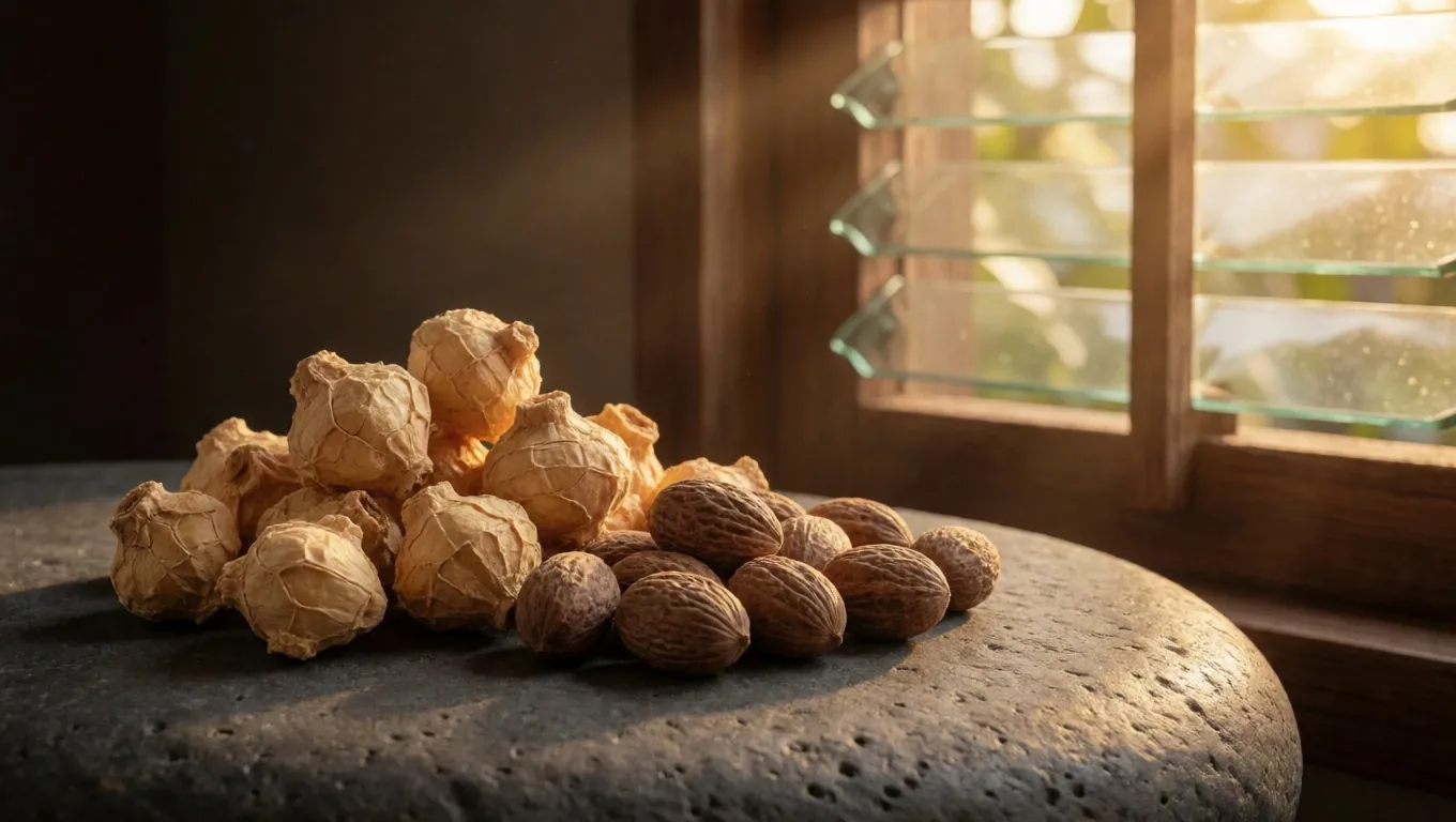 Natural supplement ingredients photographed in warm side light