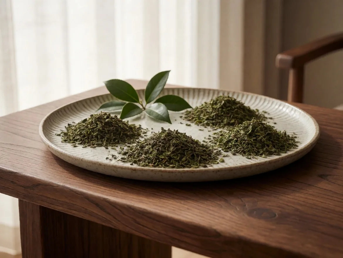 Bacopa Monnieri and green tea as botanical specimens on warm paper