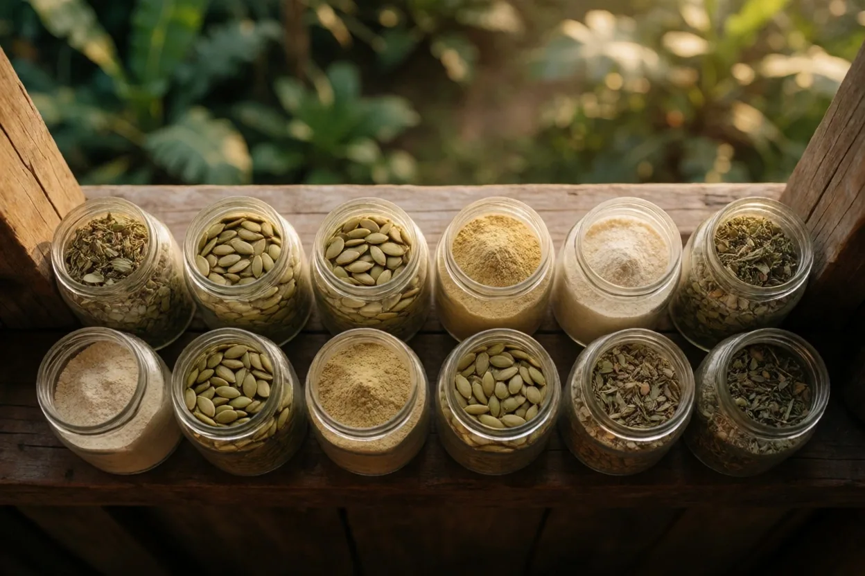 Curated natural supplement ingredient collection on warm paper
