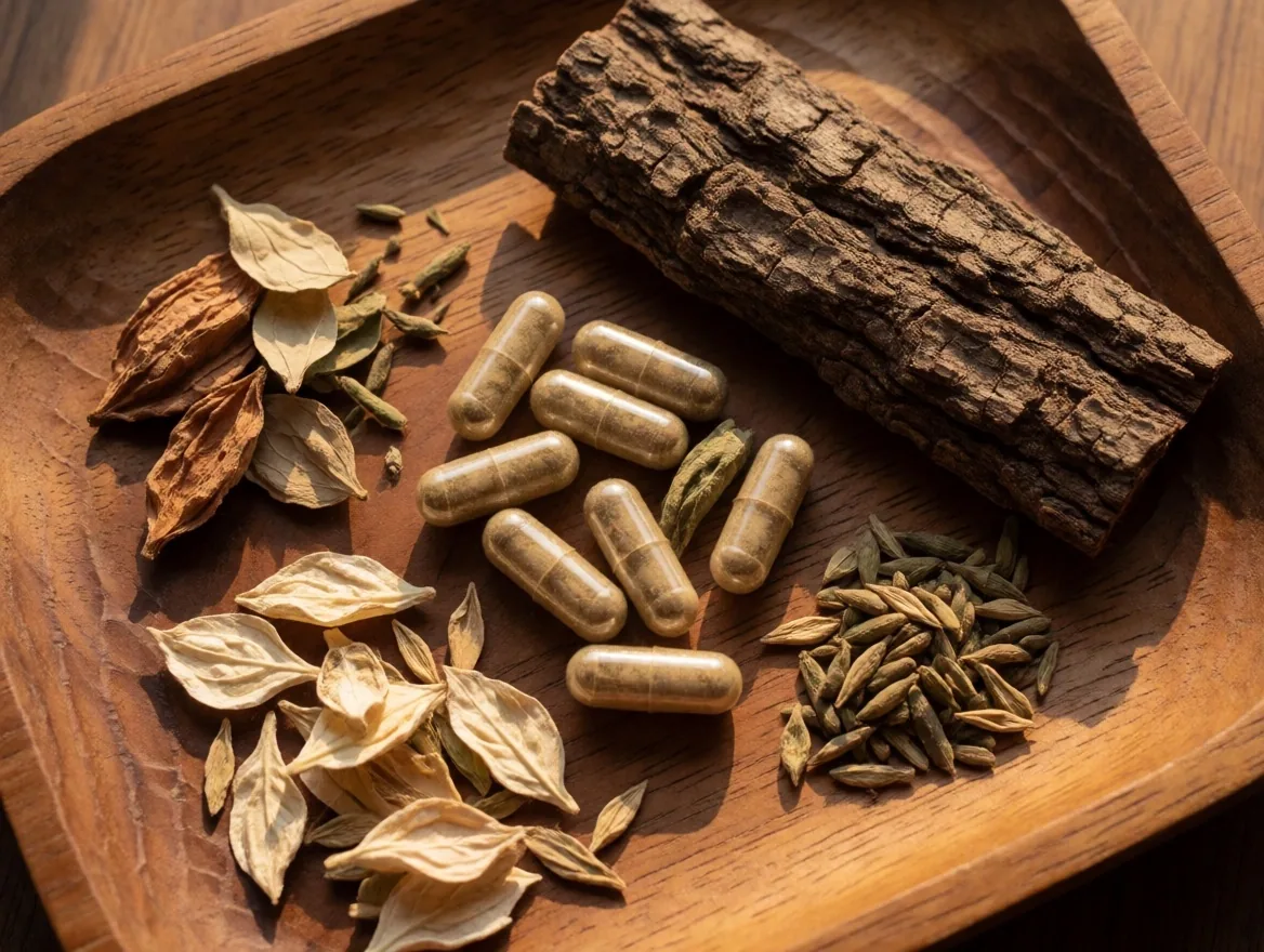 Natural botanical capsules with raw ingredient specimens