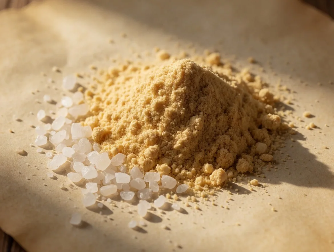 Mineral powder and ground herbs on parchment