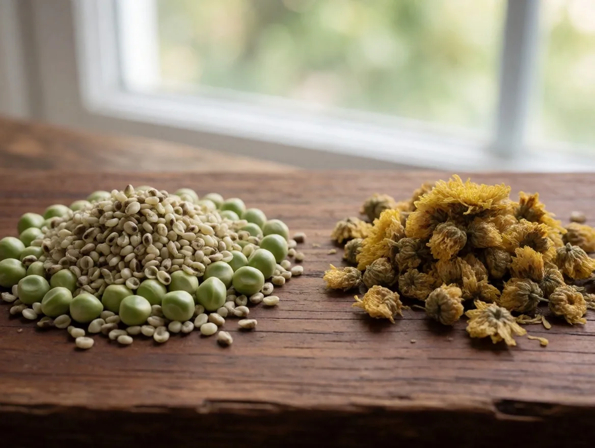 Plant-based protein and herbal tea products on a wooden surface